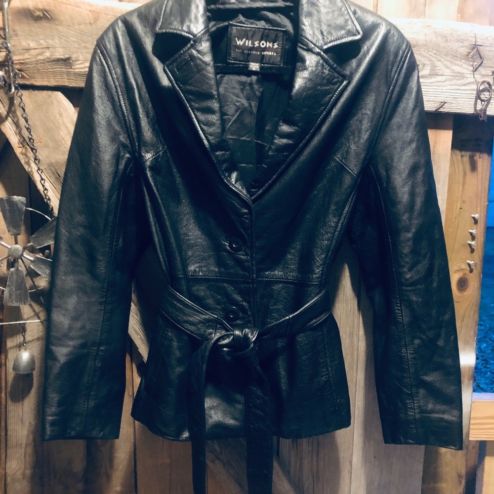 Wilsons black leather coat, mid length size medium